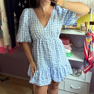 La Lavon Blue Gingham Puff Sleeve Romper
